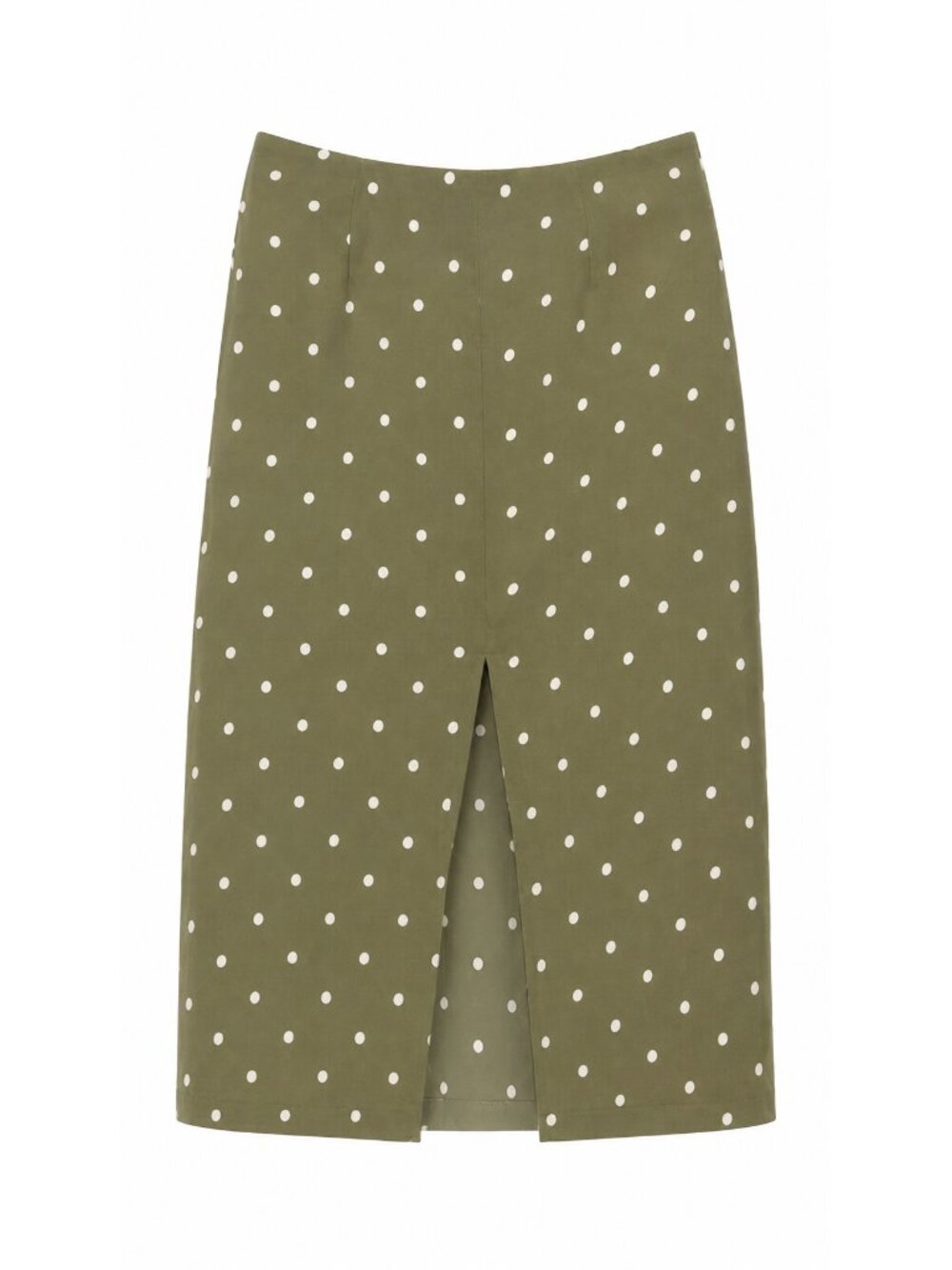 REFORMATION Midi Slit Olive Green Polka Dot Skirt Sz 4